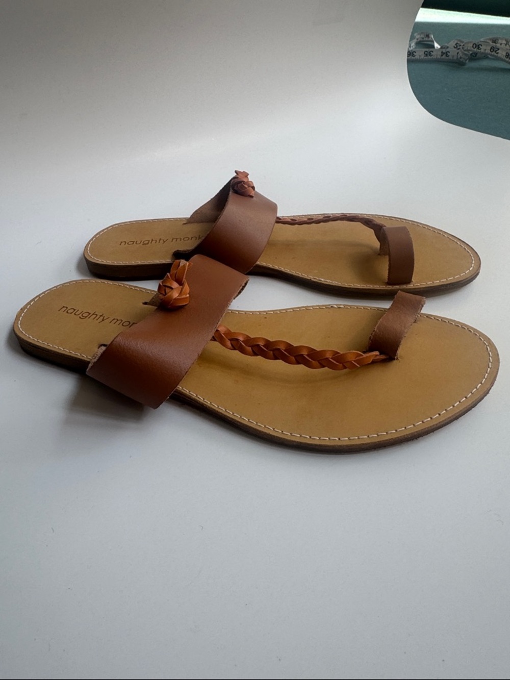 Naughty Monkey Brown Tan Braided Toe-Loop Flats Slide Sandals